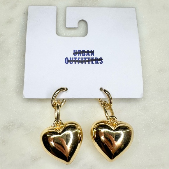 NWT Urban Outfitters Gold Tone Dangle Bubble Puffy Heart Charm Earrings - Picture 1 of 4